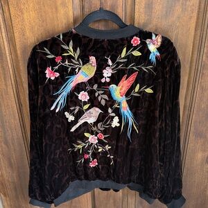 Johnny Was Dark Brown Velvet Leopard Bomber Jacket